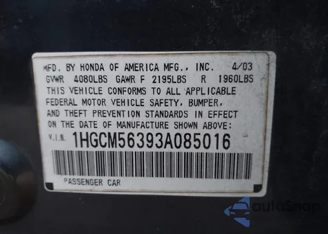 2003 Honda Accord 2.4 Lx z USA, uszkodzony, nr VIN 1HGCM56393A085016